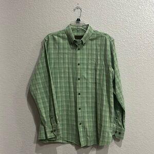 Men's Green Plaid Long Shirt Button Down Size Large Cotton Business Casual